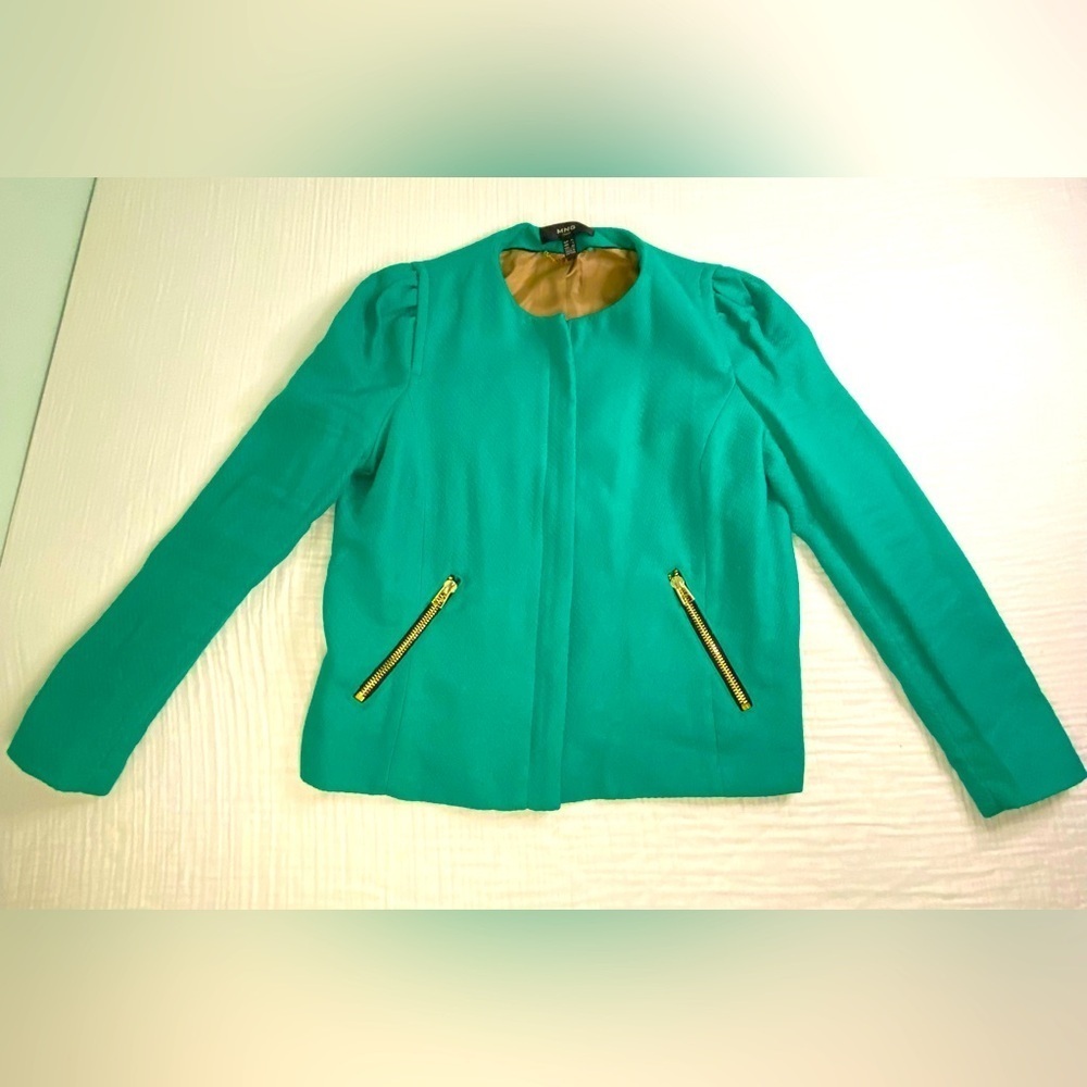 MNG Suit Green Blazer Jacket Gold Accents Size Large Classic Preppy Full Zip